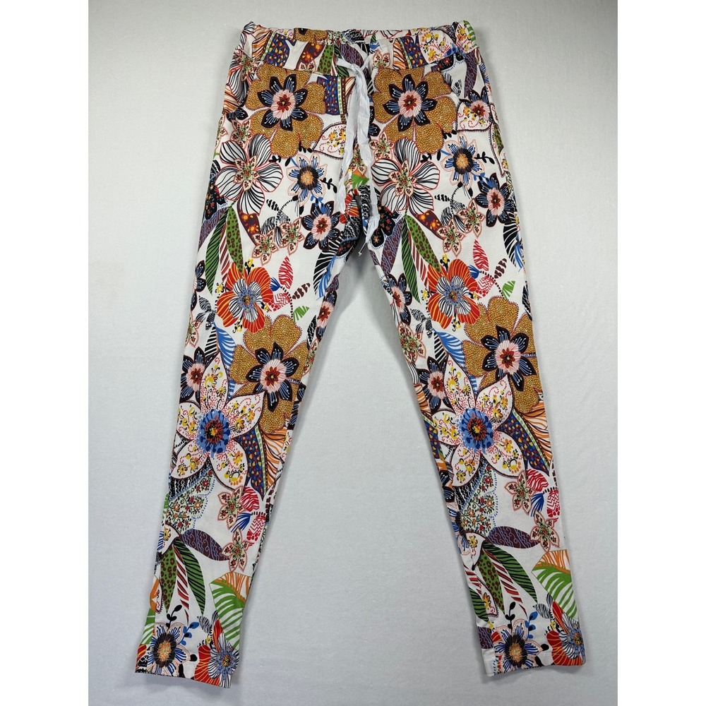 Designer Vibrant Floral Pants M Boho‎ Drawstring Tapered Artsy Made in Italy